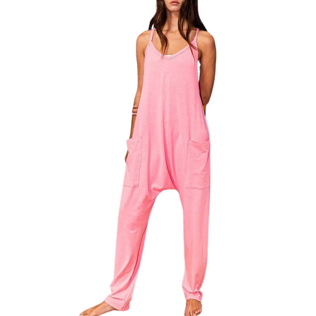 Drop Crotch V-neck Solid Jersey Jumpsuit - Pink