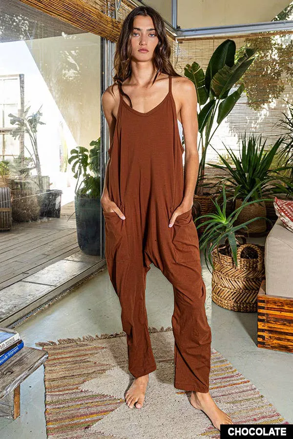 Drop Crotch V-neck Solid Jersey Jumpsuit - Pink