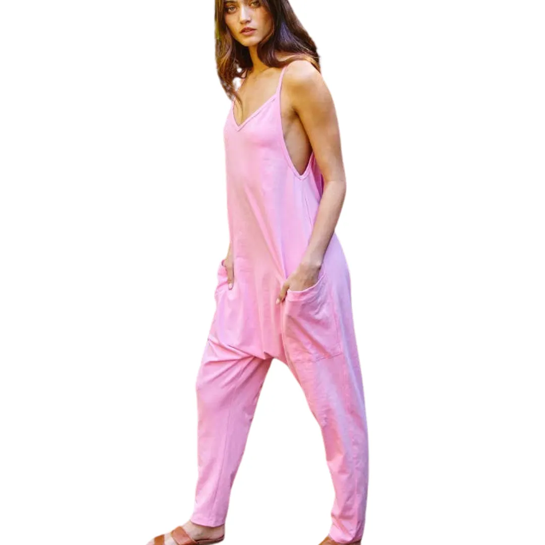 Drop Crotch V-neck Solid Jersey Jumpsuit - Pink