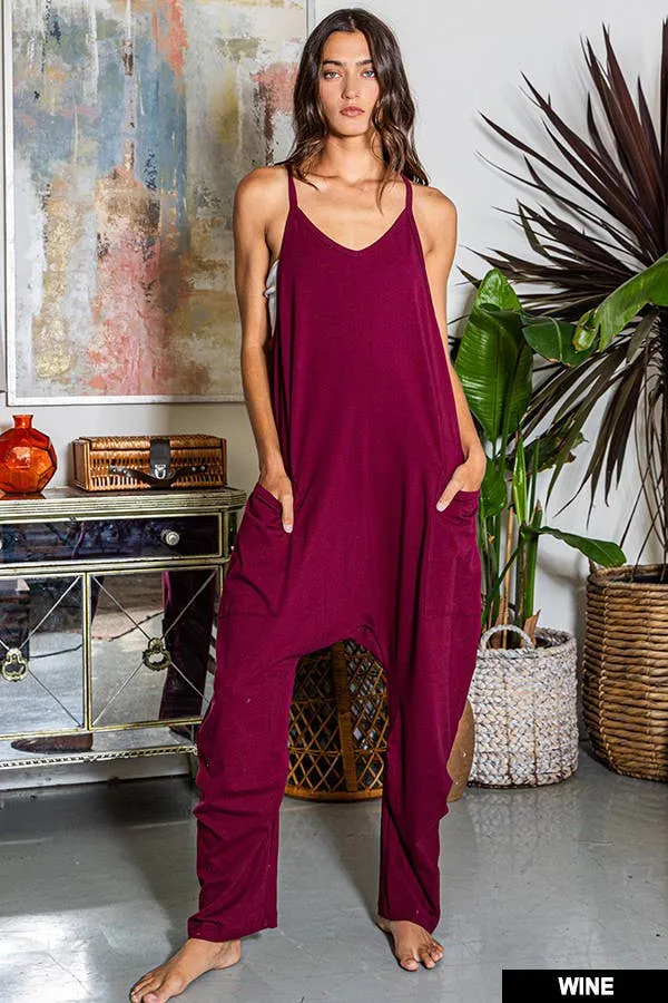 Drop Crotch V-neck Solid Jersey Jumpsuit - Pink