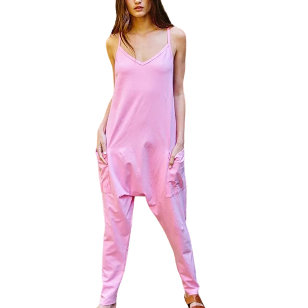 Drop Crotch V-neck Solid Jersey Jumpsuit - Pink