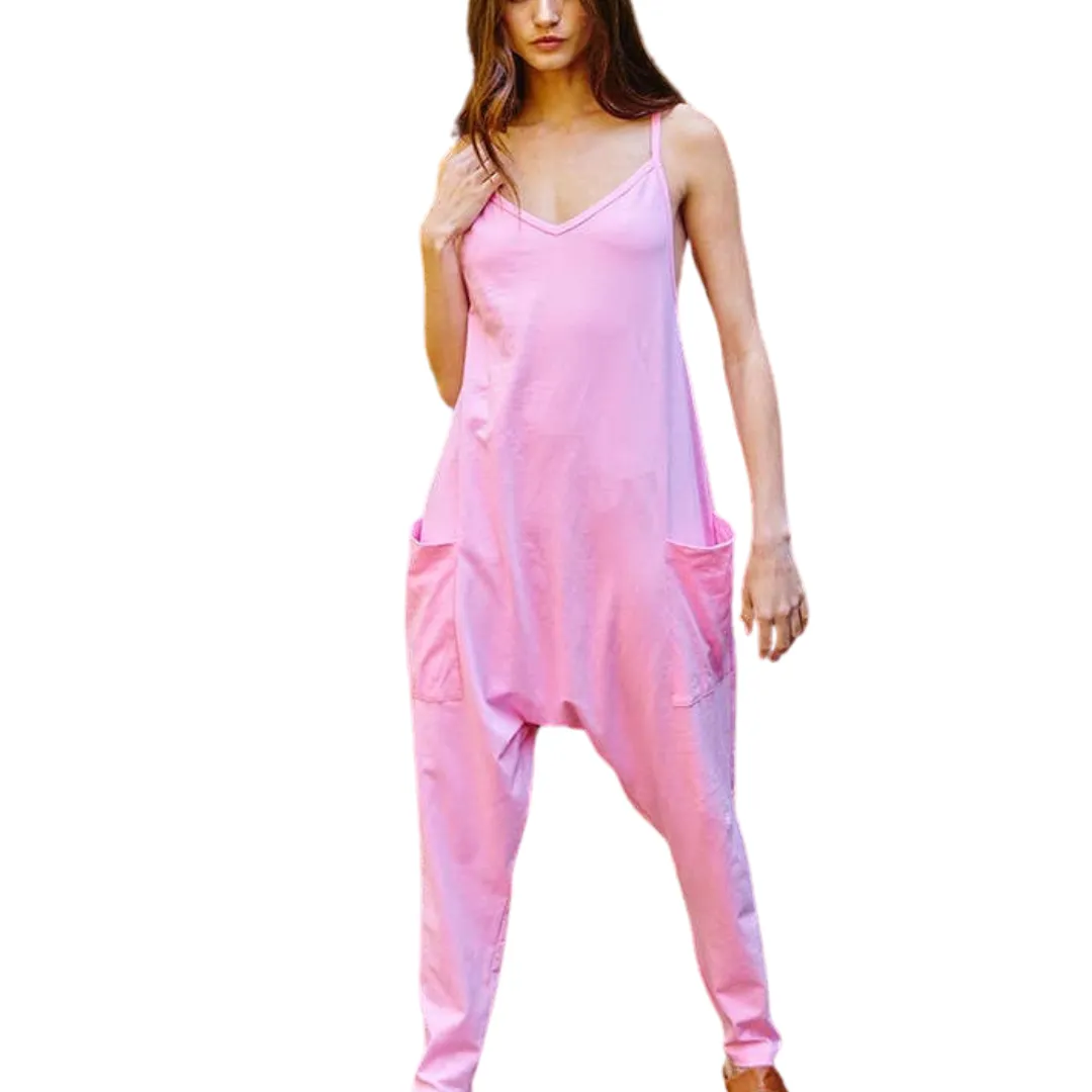 Drop Crotch V-neck Solid Jersey Jumpsuit - Pink