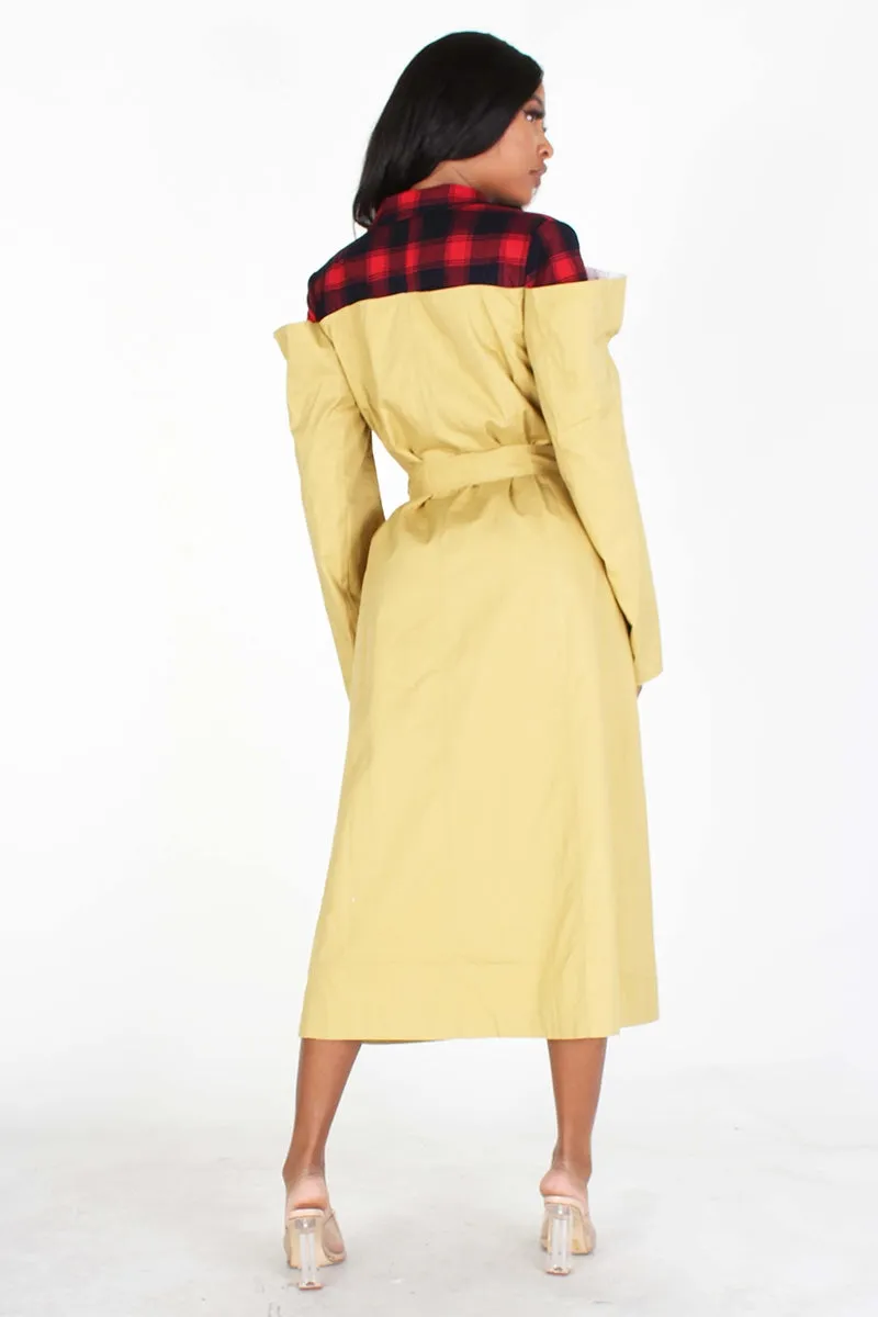 Eien EI1753 Belted Plaid Trench Coat