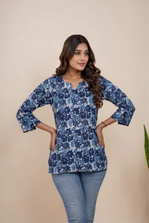 Ekisha's women blue multicolor beautiful designer floral printed cotton tunic top short kurti