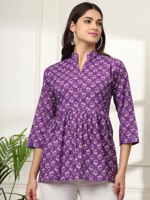 Ekisha's women purple beautiful designer floral printed cotton tunic top short kurti