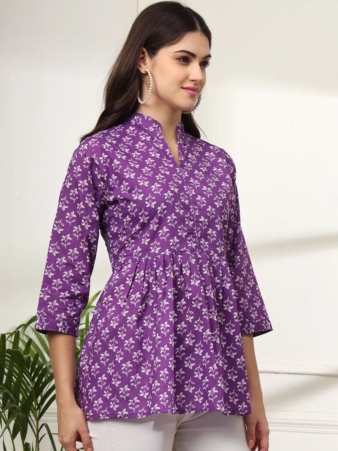 Ekisha's women purple beautiful designer floral printed cotton tunic top short kurti