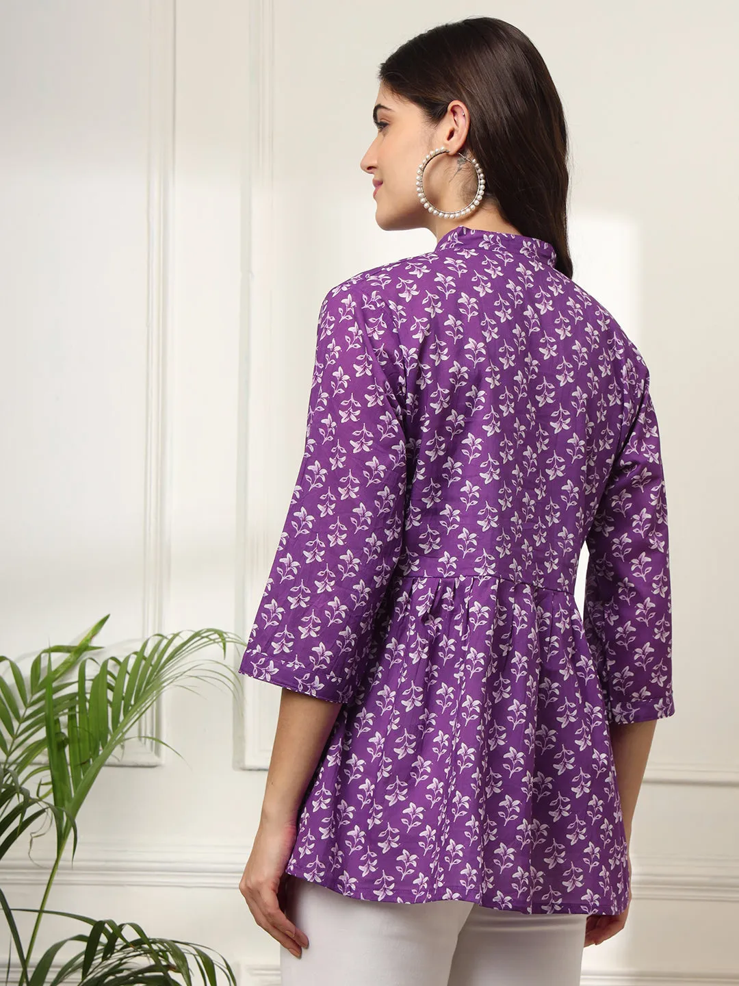 Ekisha's women purple beautiful designer floral printed cotton tunic top short kurti