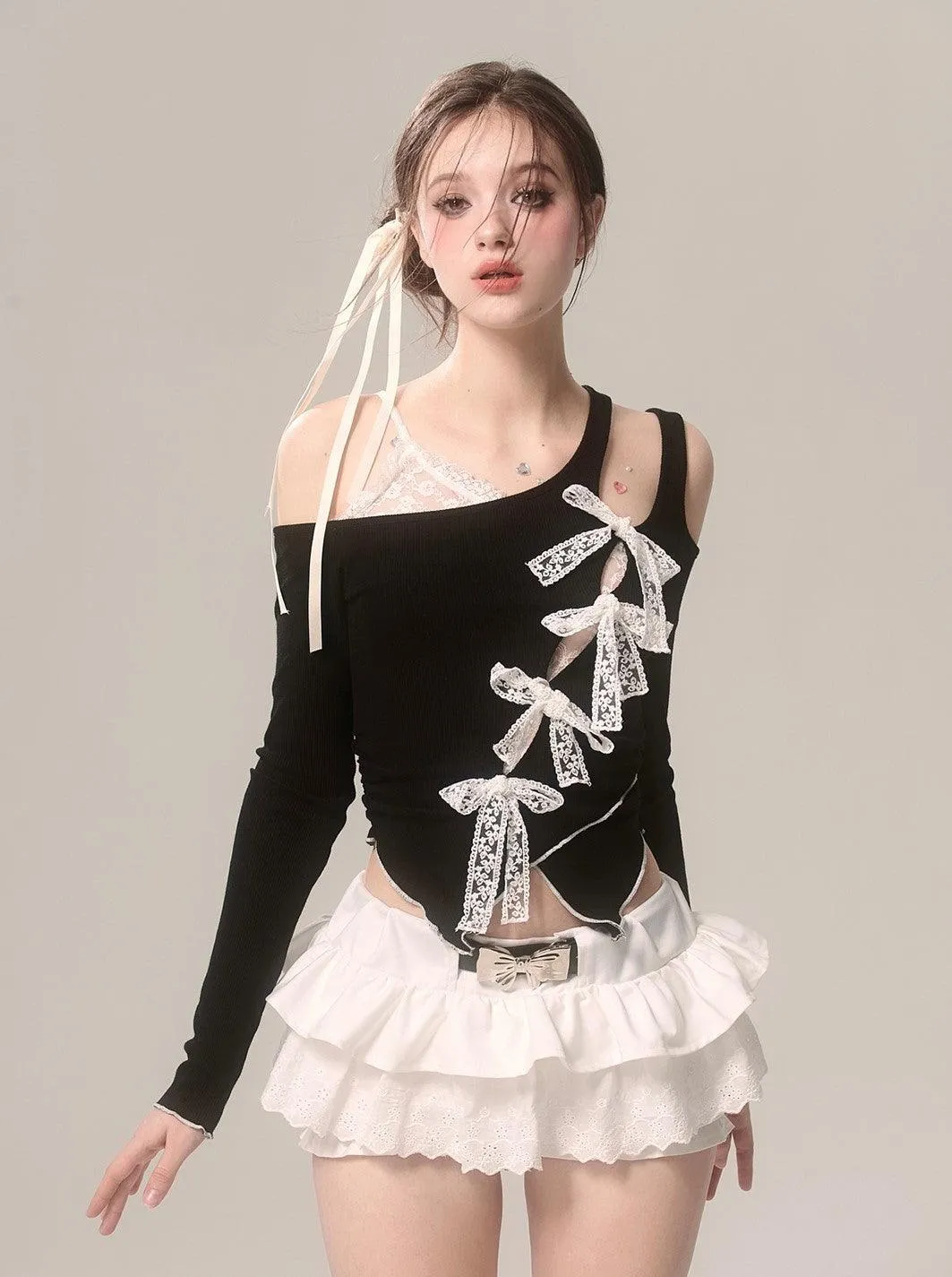 Elegant Off-Shoulder Lace Long Sleeve Bow T-Shirt