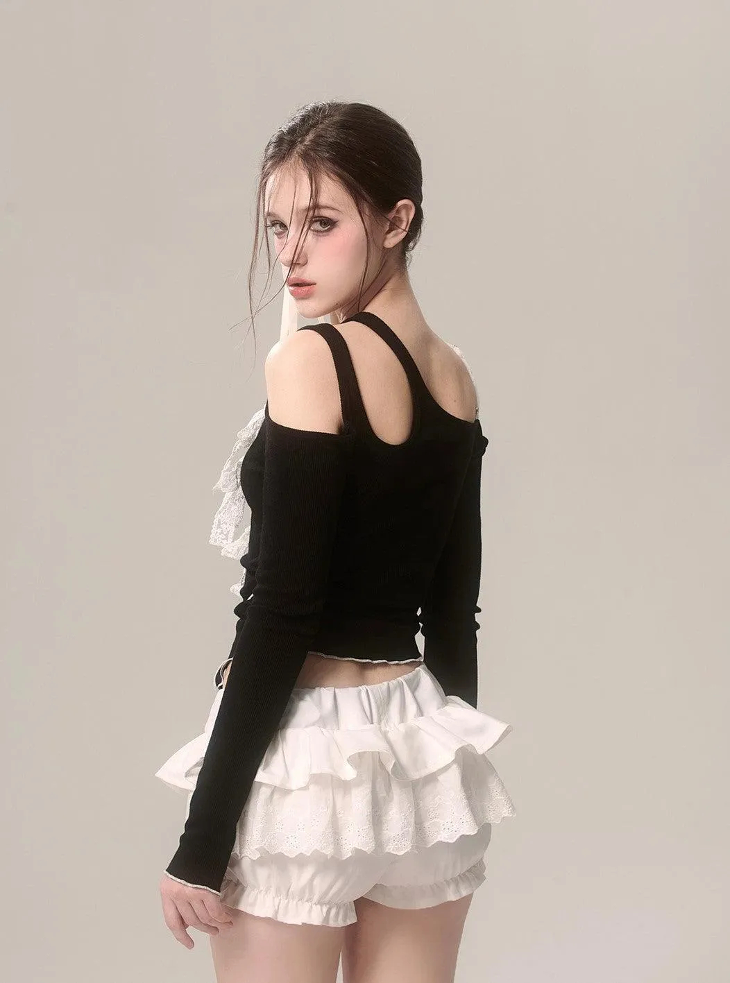 Elegant Off-Shoulder Lace Long Sleeve Bow T-Shirt