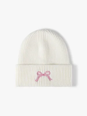 Embroidered Bow Knit Beanie Hat