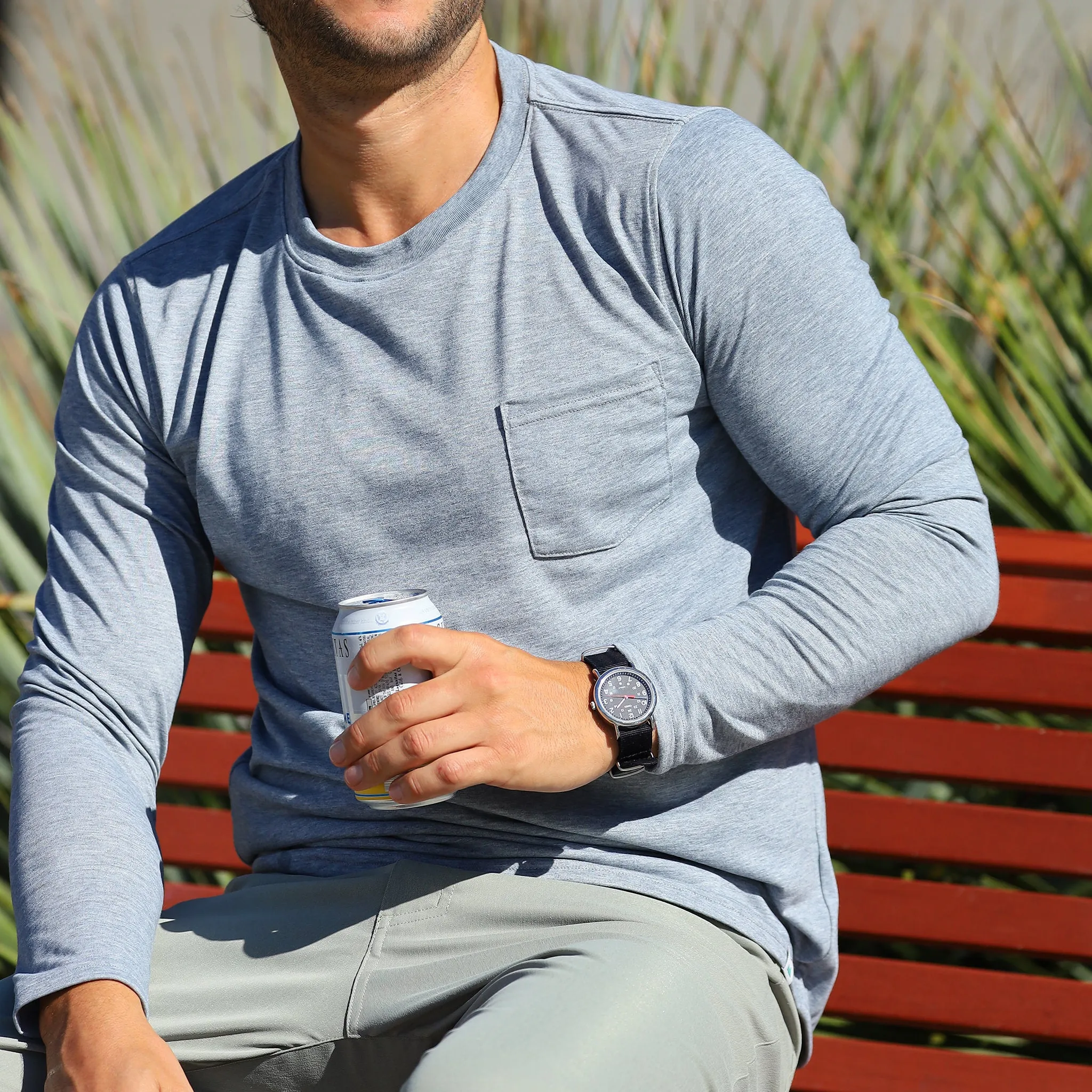 Everyday Long Sleeve Tee with Pocket in Heather Storm