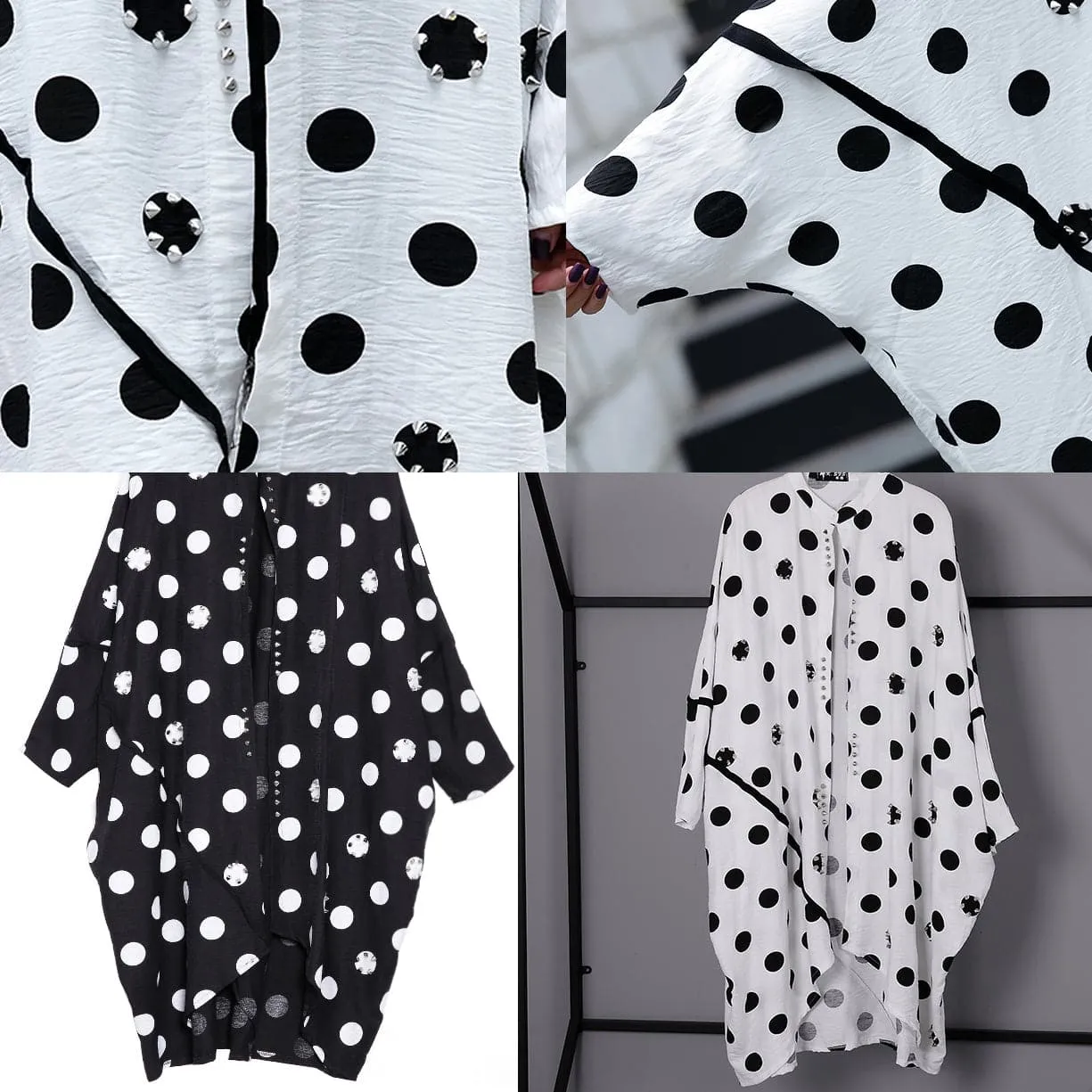 fine white cotton dotted prints thin cardigans oversized linen batwing sleeve trench coat stand collar coats