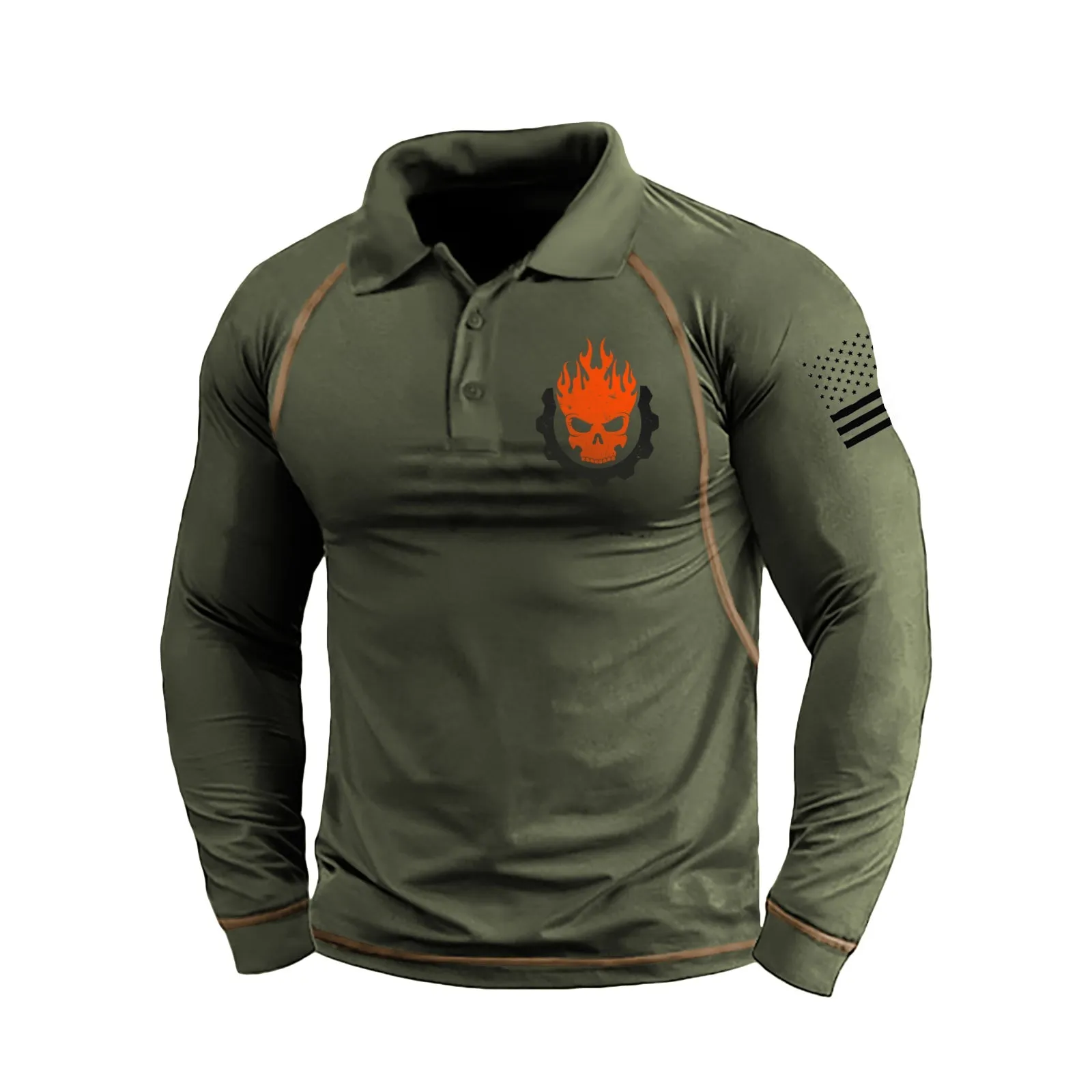 FLAME SKULL GRAPHIC RAGLAN LONG SLEEVE POLO SHIRT