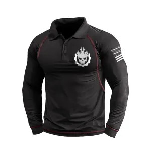 FLAME SKULL GRAPHIC RAGLAN LONG SLEEVE POLO SHIRT