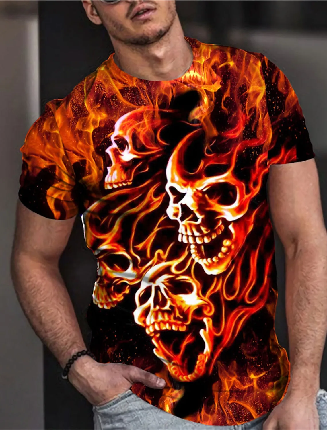 Flaming Skulls Mens 3D Shirt For Halloween | Red Summer Cotton | Men'S Unisex Tee Graphic Prints Flame Crew Neck Orange 3D Outdoor Street Short Sleeve Clothing