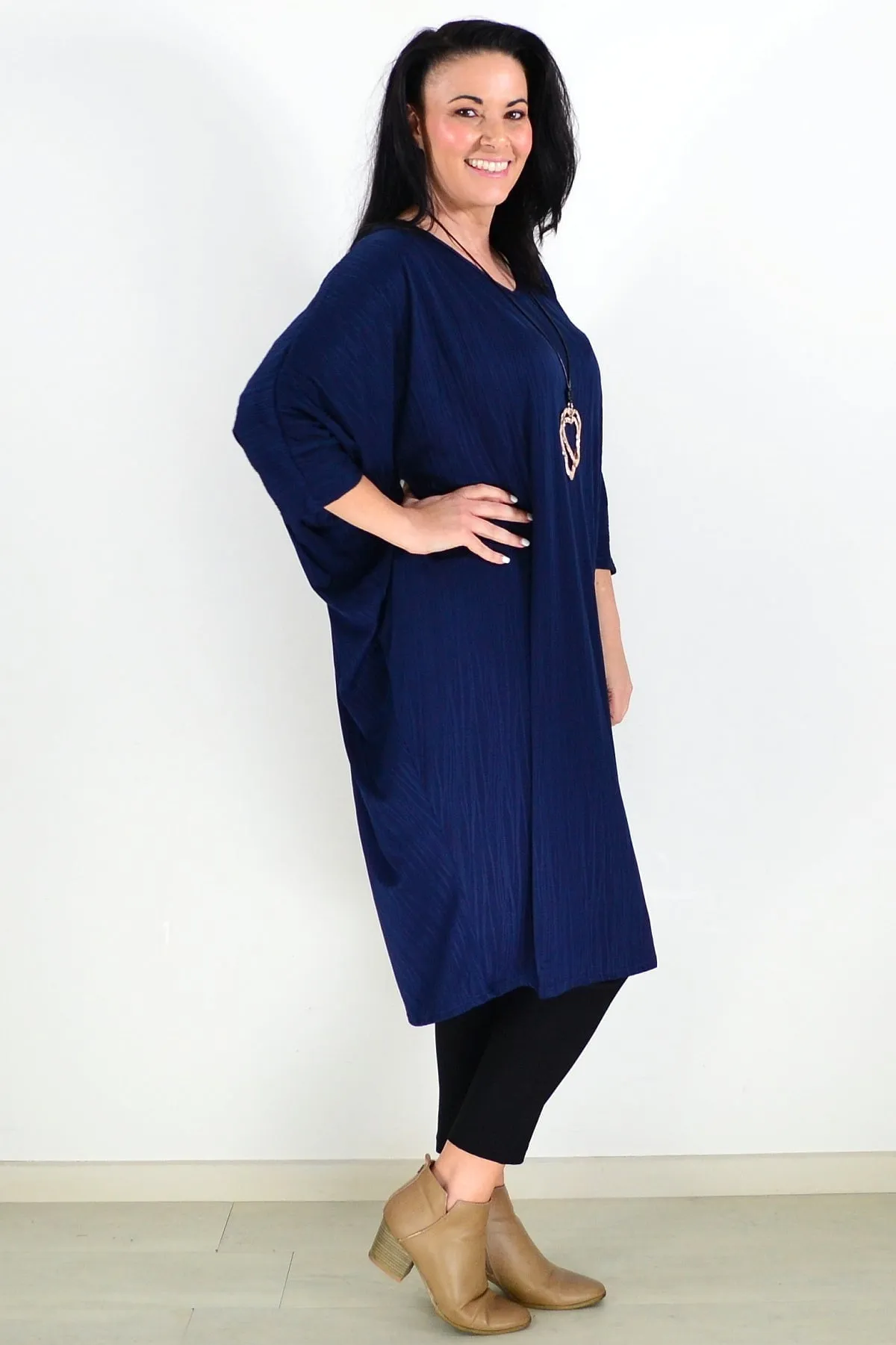 Free Size Navy Ribbed Oversized Tunic Dress