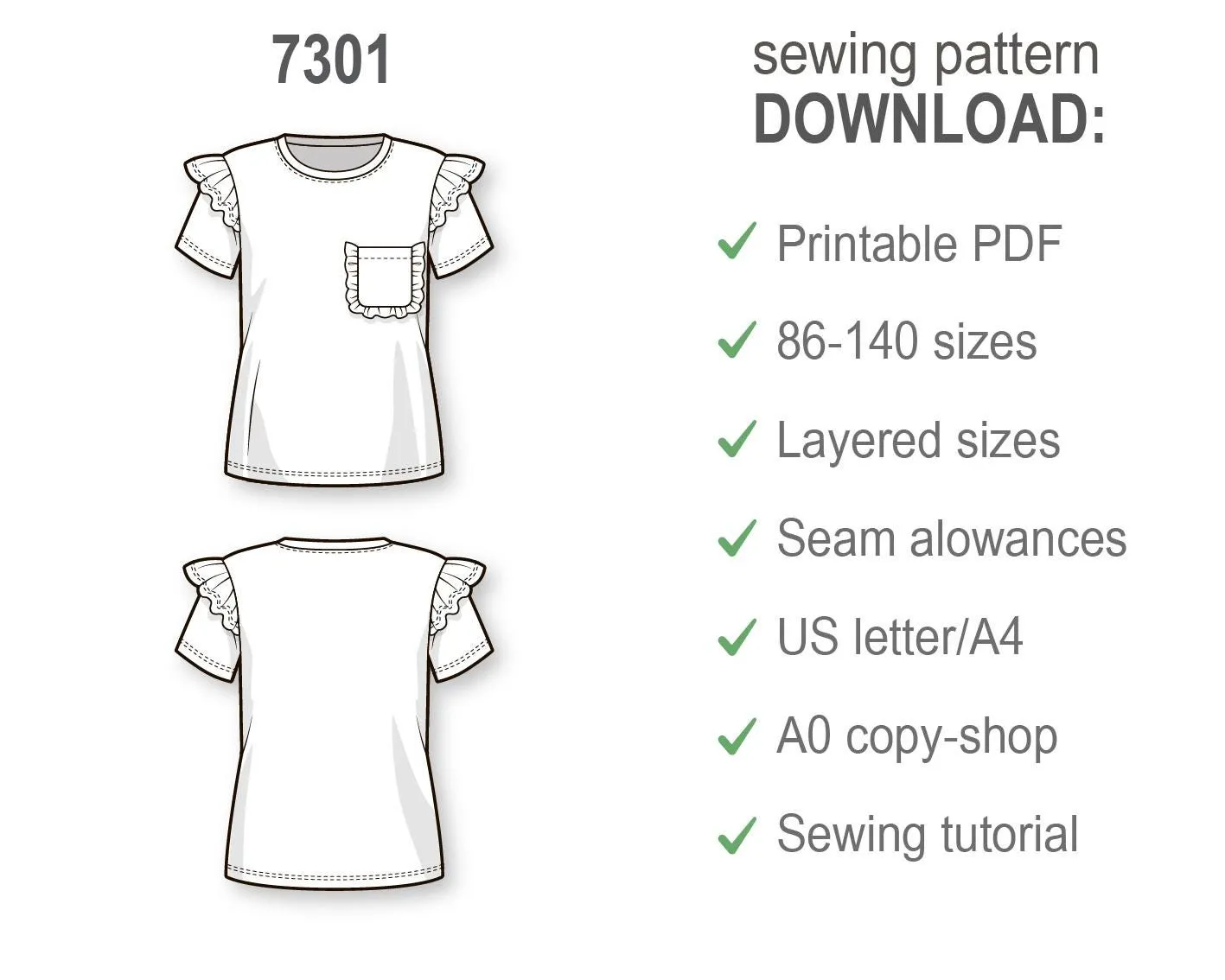 Girls Ruffle Sleeve T-Shirt PDF Sewing Pattern, Short Sleeve Shirt Design, DIY Beginner-Friendly Pattern for Kids and Toddlers