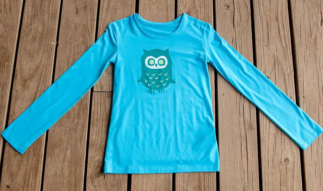 Girls Sun Protective Shirt-Owl Brilliant Cerulean Blue