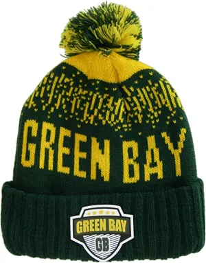 Green Bay City Name Rubber Patch Ribbed Winter Knit Pom Beanie (Gold/Green)