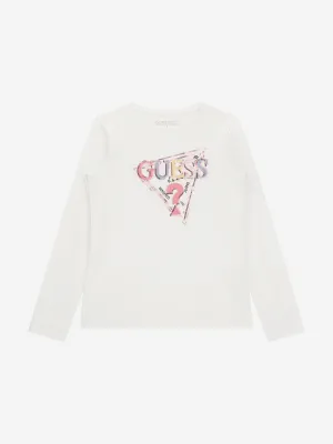 Guess Girls Long Sleeve Logo T-Shirt in White