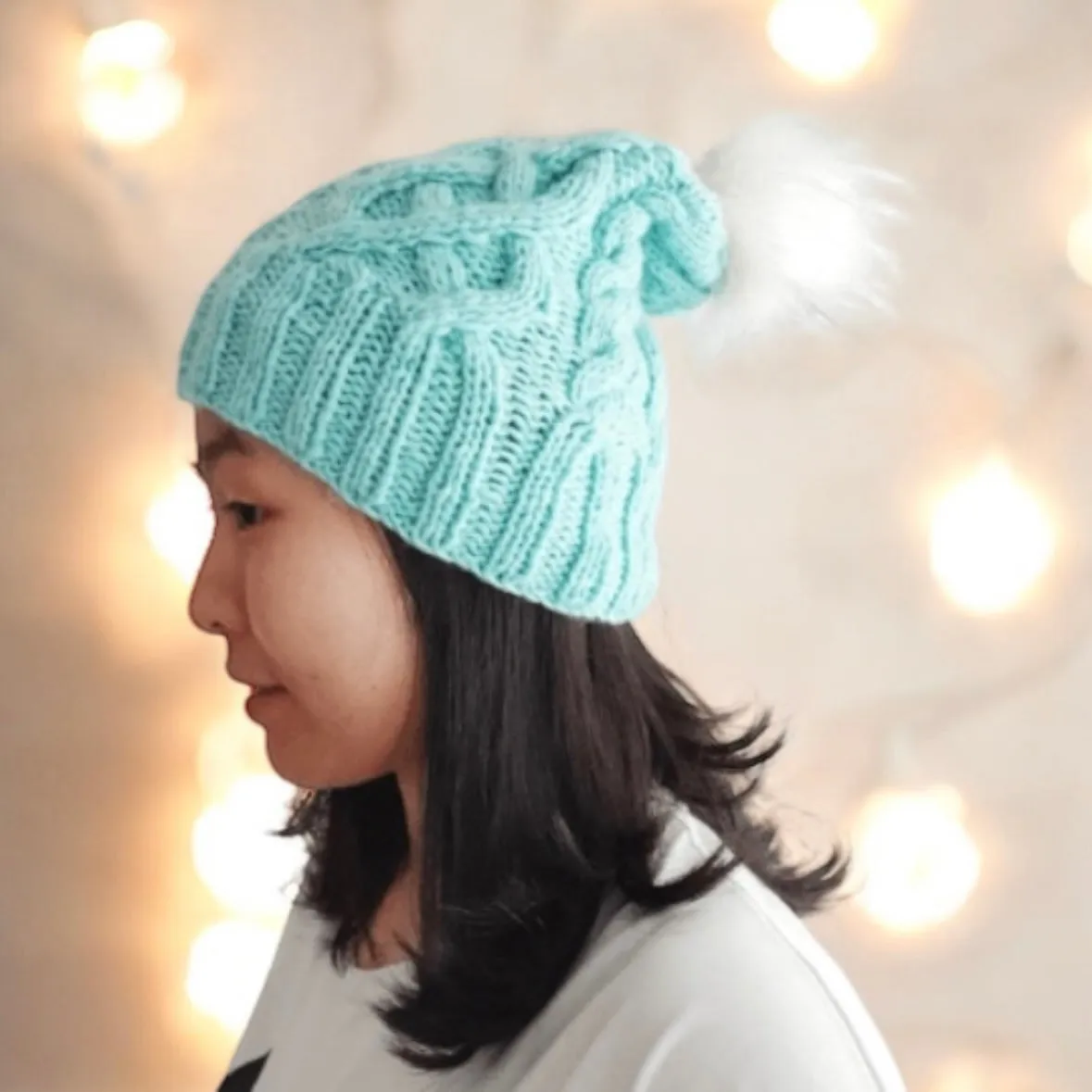 Handknit Cable knit beanie with White fur pom pom - Mint colour beanie - Fur Pom Pom Hat - Knit beanie - Winter Hat