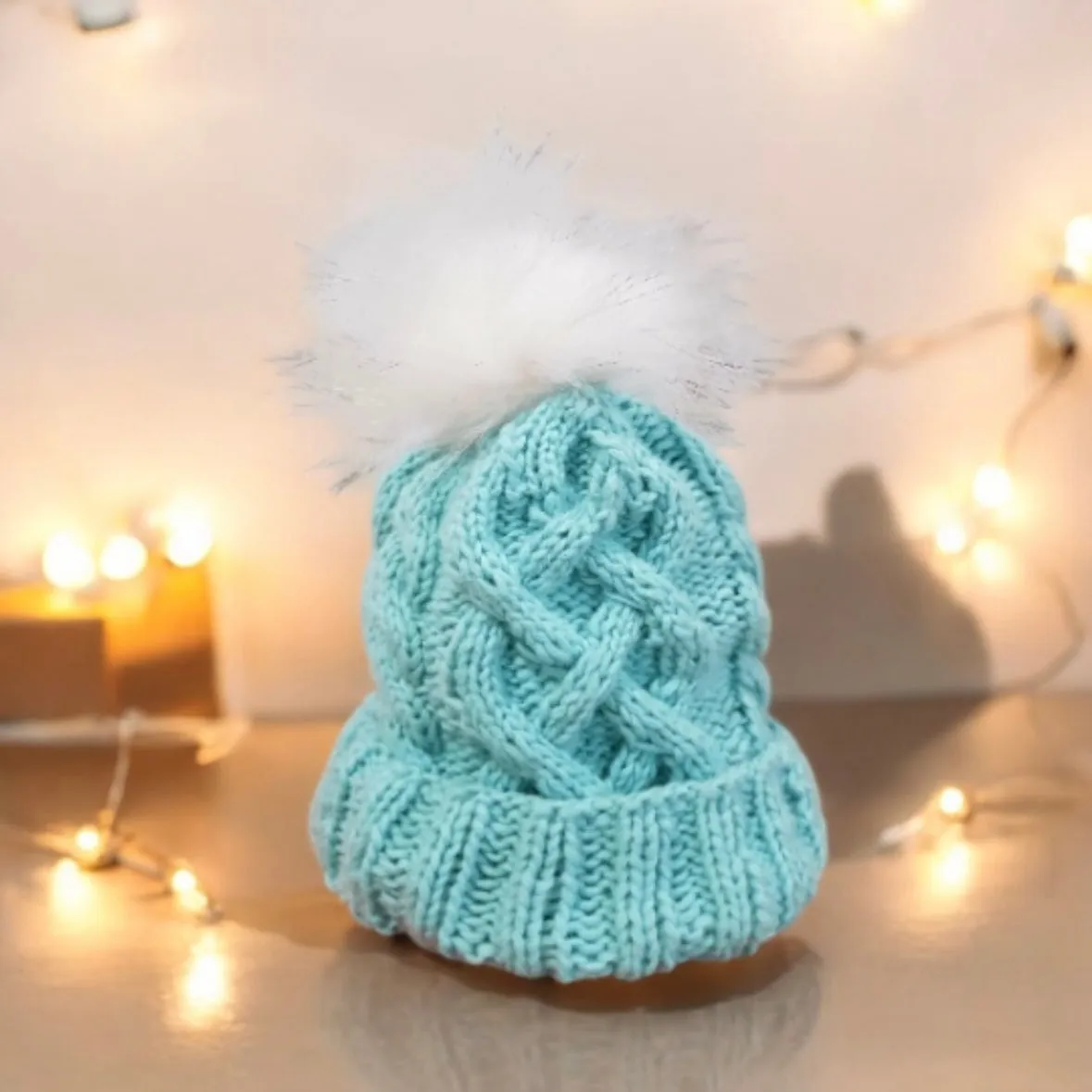 Handknit Cable knit beanie with White fur pom pom - Mint colour beanie - Fur Pom Pom Hat - Knit beanie - Winter Hat