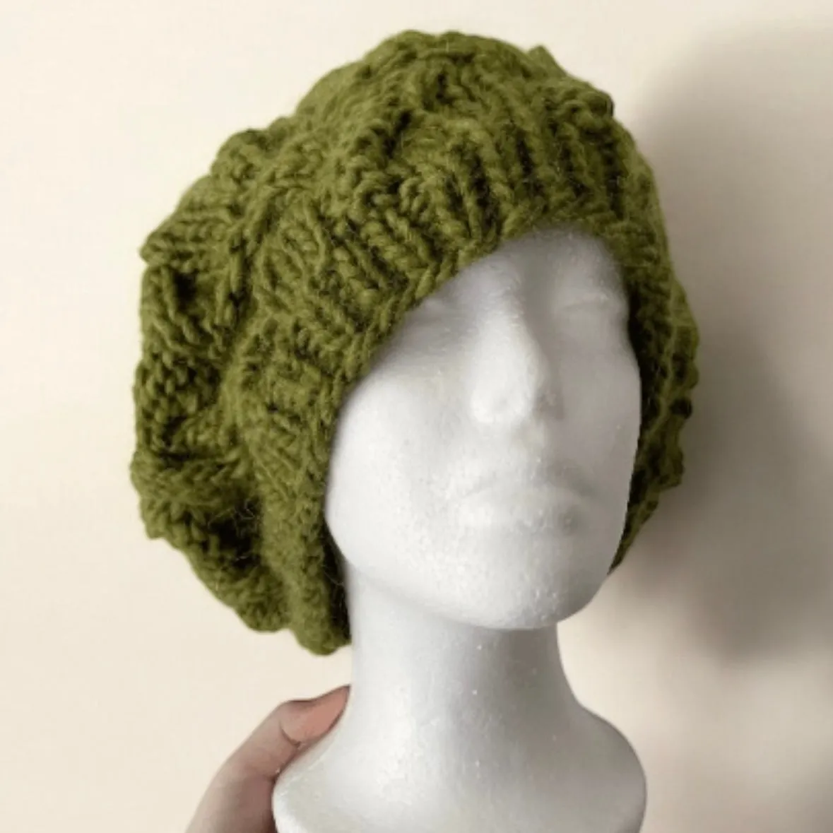 Handknit Cable Slouchy Beanie | Knit Beret | Slouchy Hat in green colour| Knit beanie in dark moss green | Fluffy and cozy winter hat