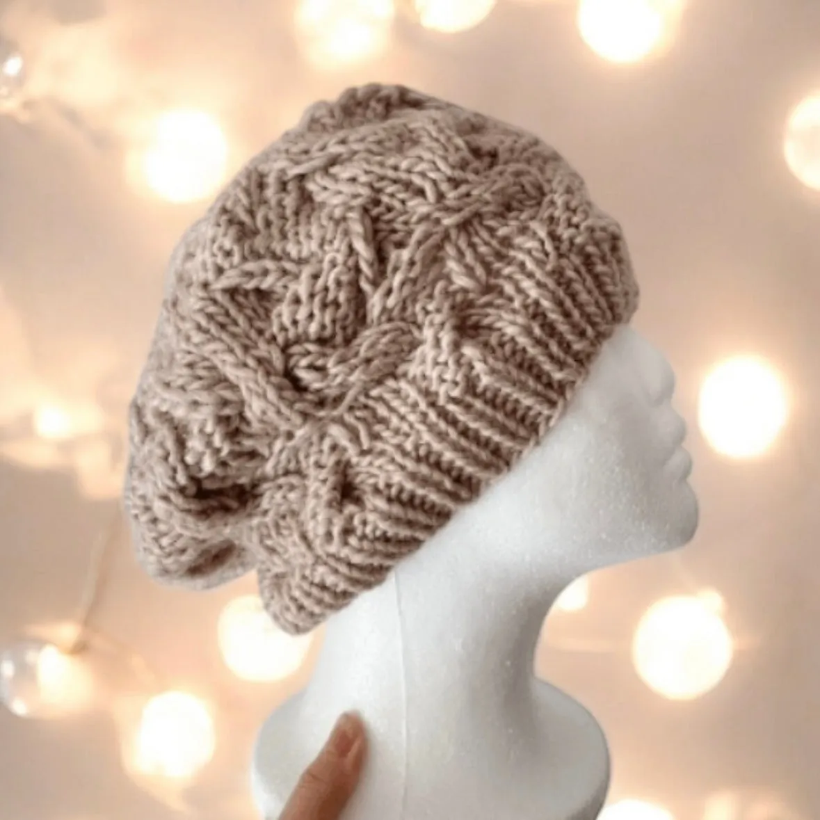 Handknit Cable Slouchy Beanie - Slouchy Hat - Knit Beret - Earthy colour knit Beret - Natural soft beanie