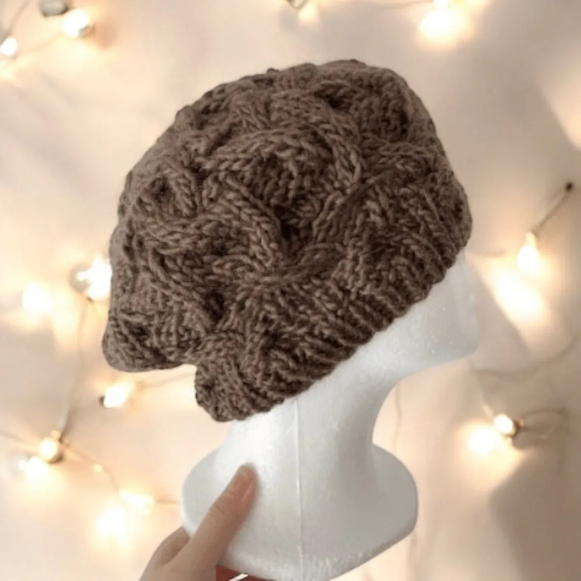 Handknit Cable Slouchy Beanie - Slouchy Hat - Knit Beret - Earthy colour knit Beret - Natural soft beanie