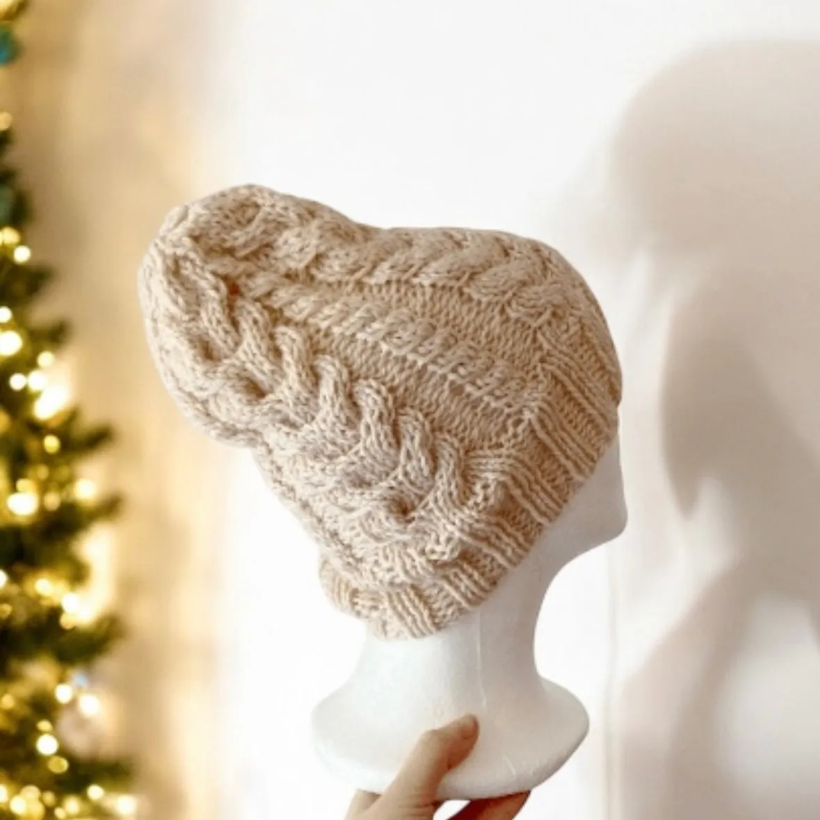 Handknit Ecru colour Cable Knitted | merino cream soft tone colour knit hat | adult women or men beanie | Winter knit briaded hat