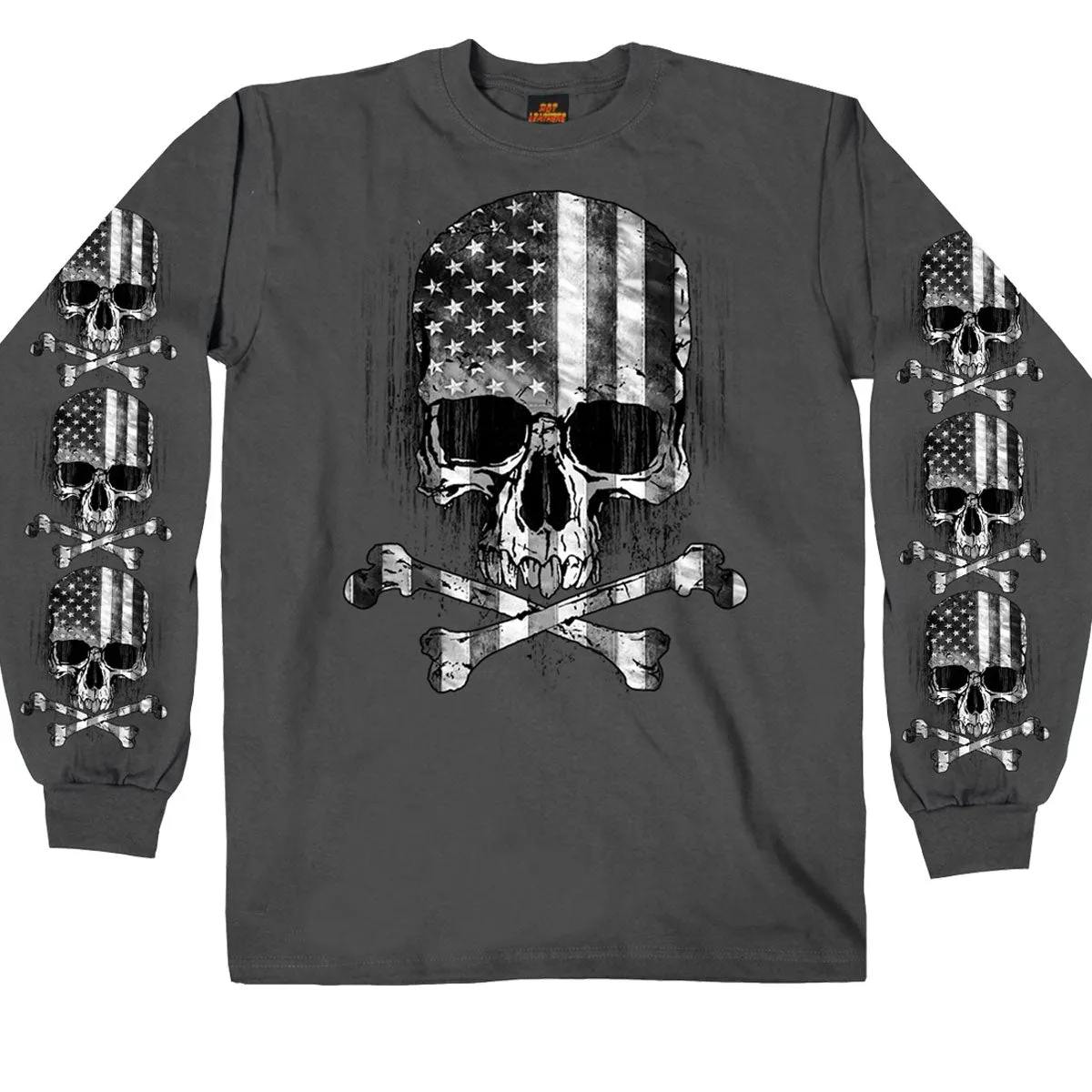 Hot Leathers GMS2391 Men’s ‘Flag Skull’ Long Sleeve Charcoal T-Shirt