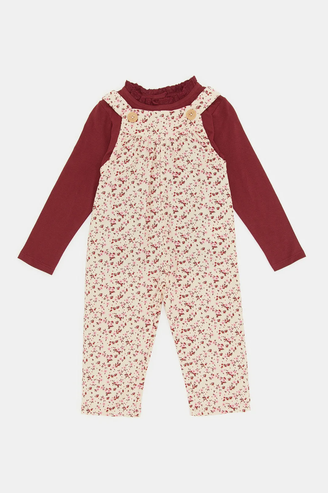 Infant Girls Burgundy And Pink Dungree Set (2 Piece)