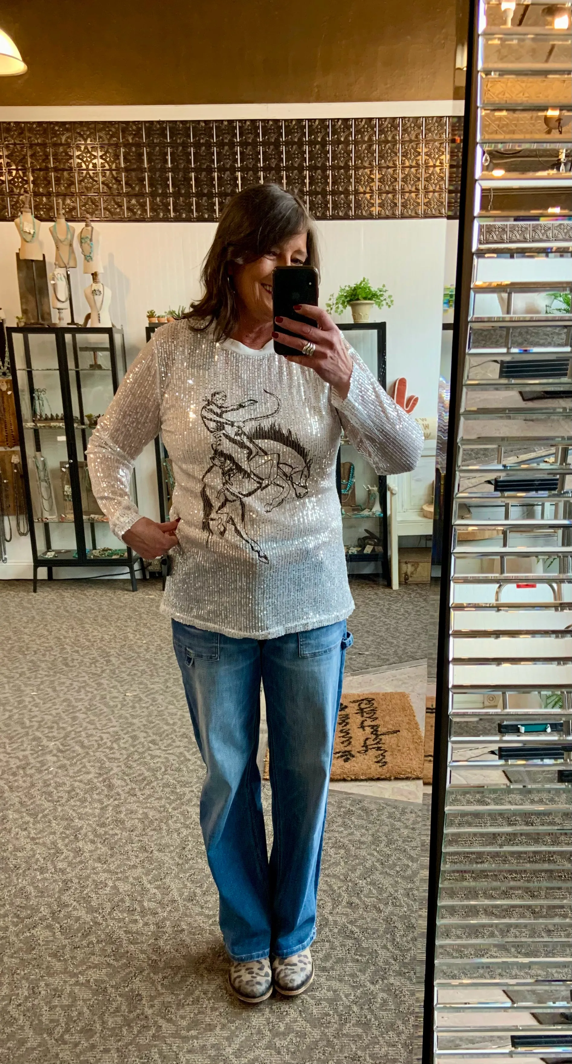 Ivory Sequined Bronc Long Sleeve T Shirt - S to 3X