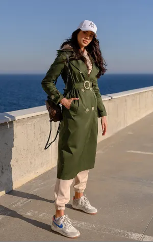 Khaki Double-Breasted Belted Trench Coat