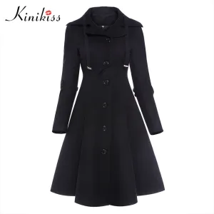 Kinikiss Fashion Long Medieval Trench Coat Women Winter Black Stand Collar Gothic Coat Elegant Women Coat Vintage Female 2017