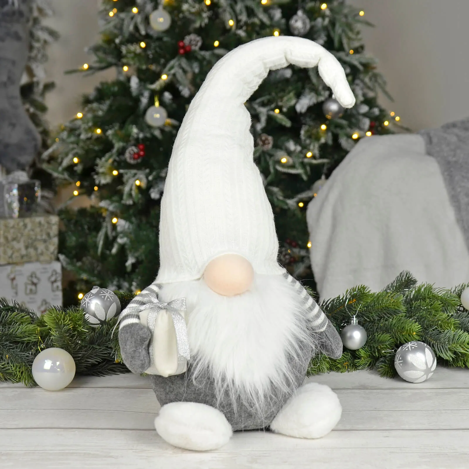 Large Christmas Gonk Fabric Figure Grey White Decoration 64cm