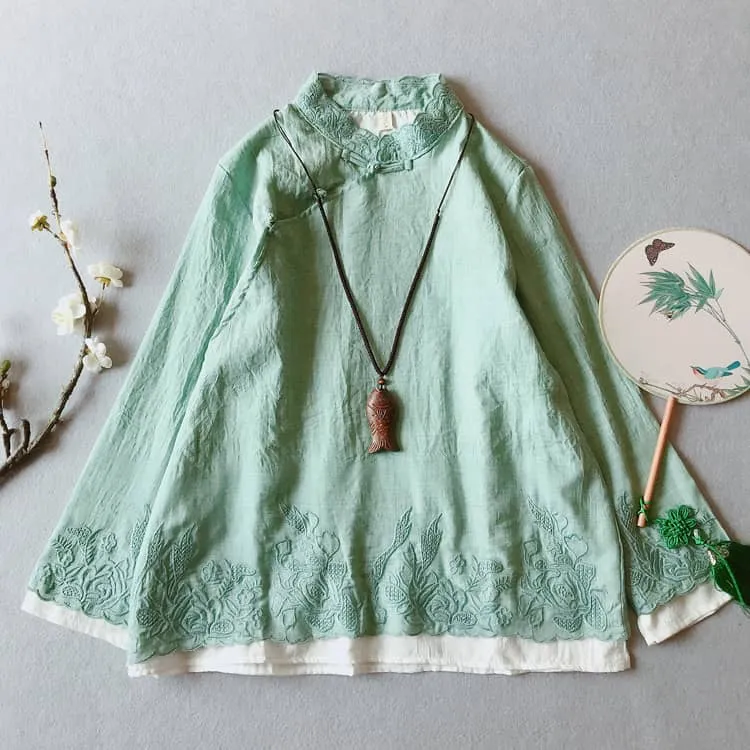 Layered Qipao Blouse with Flower Embroidery