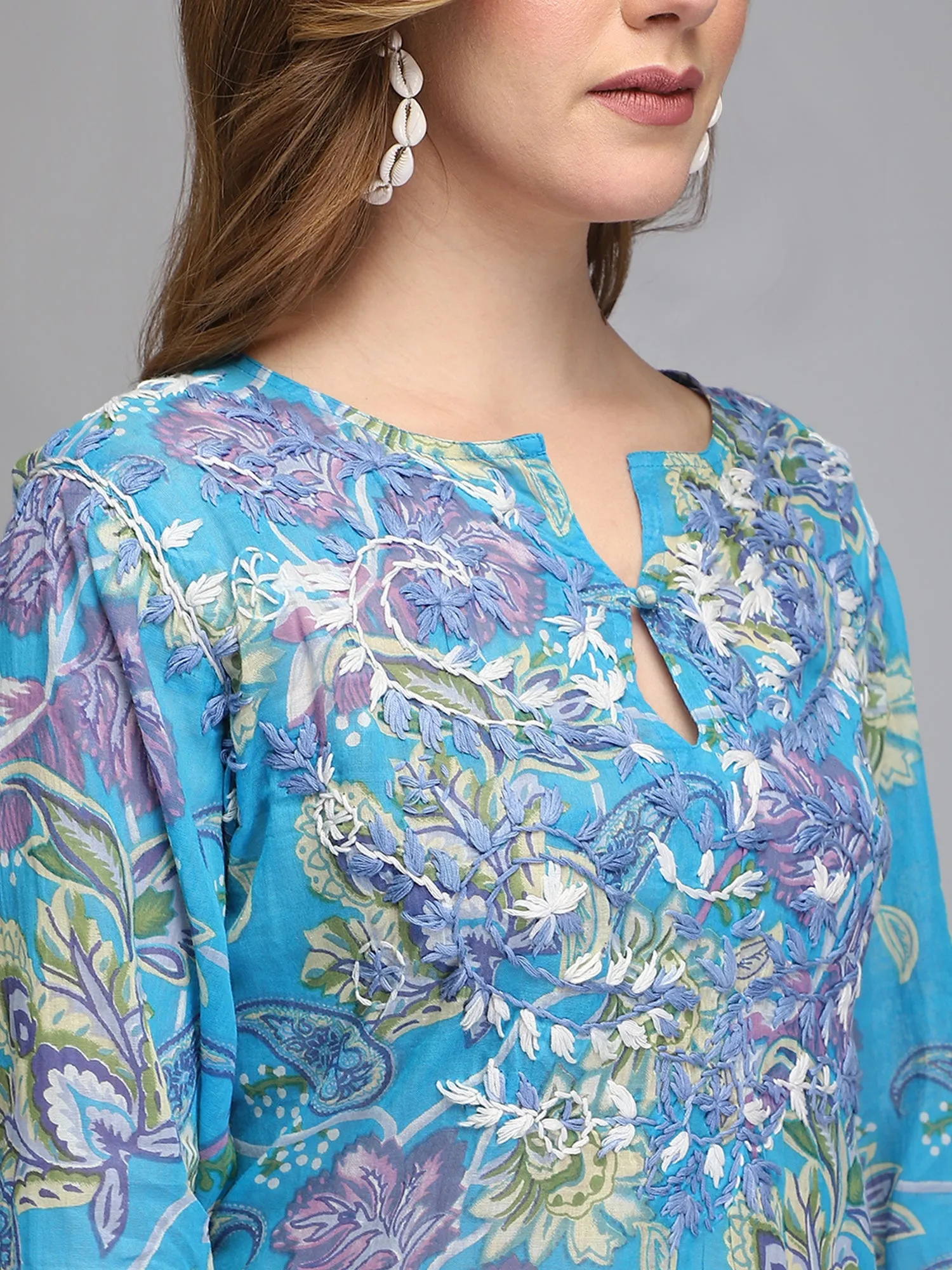 Light blue hand embroidered cotton tunic