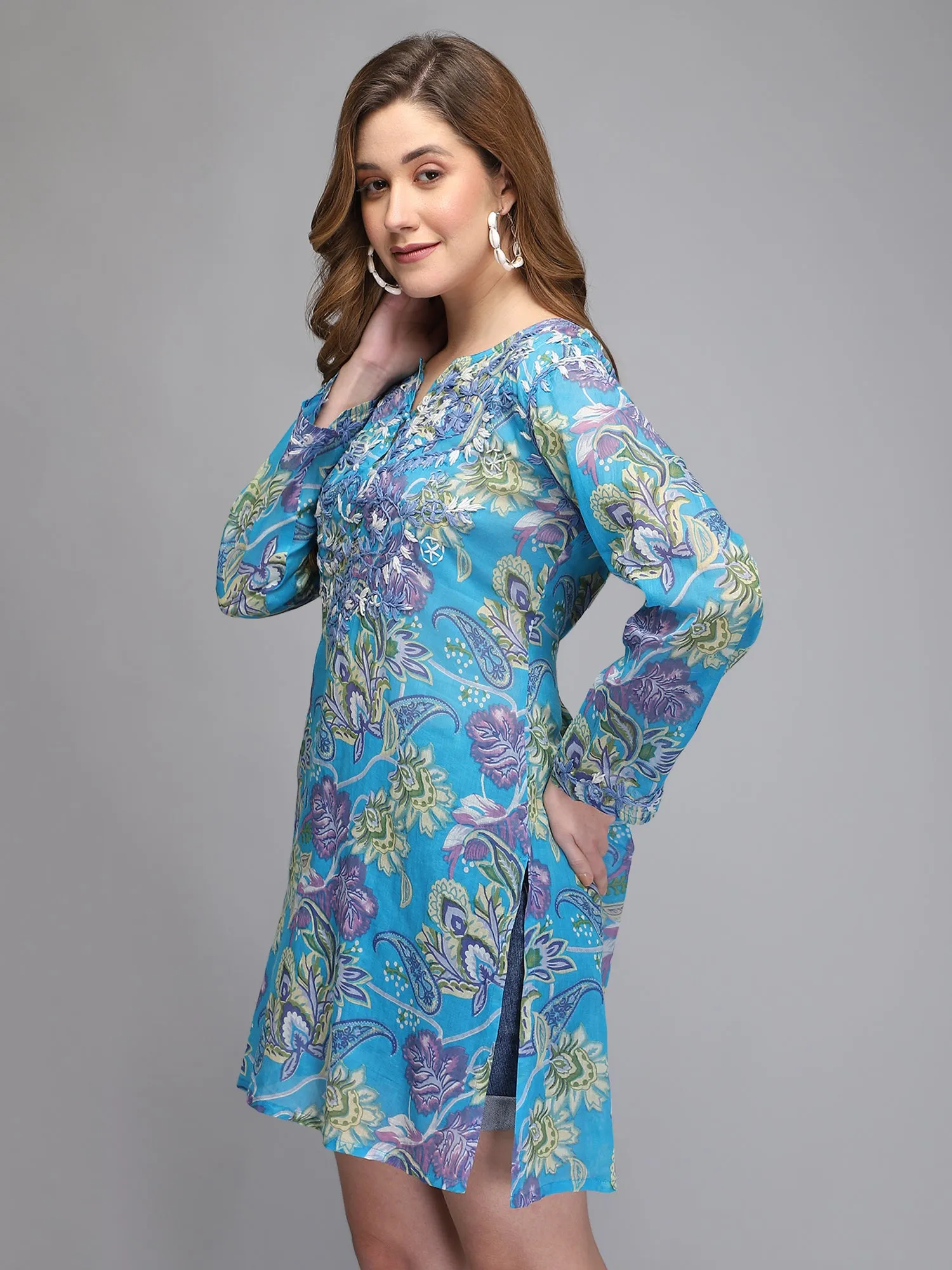 Light blue hand embroidered cotton tunic