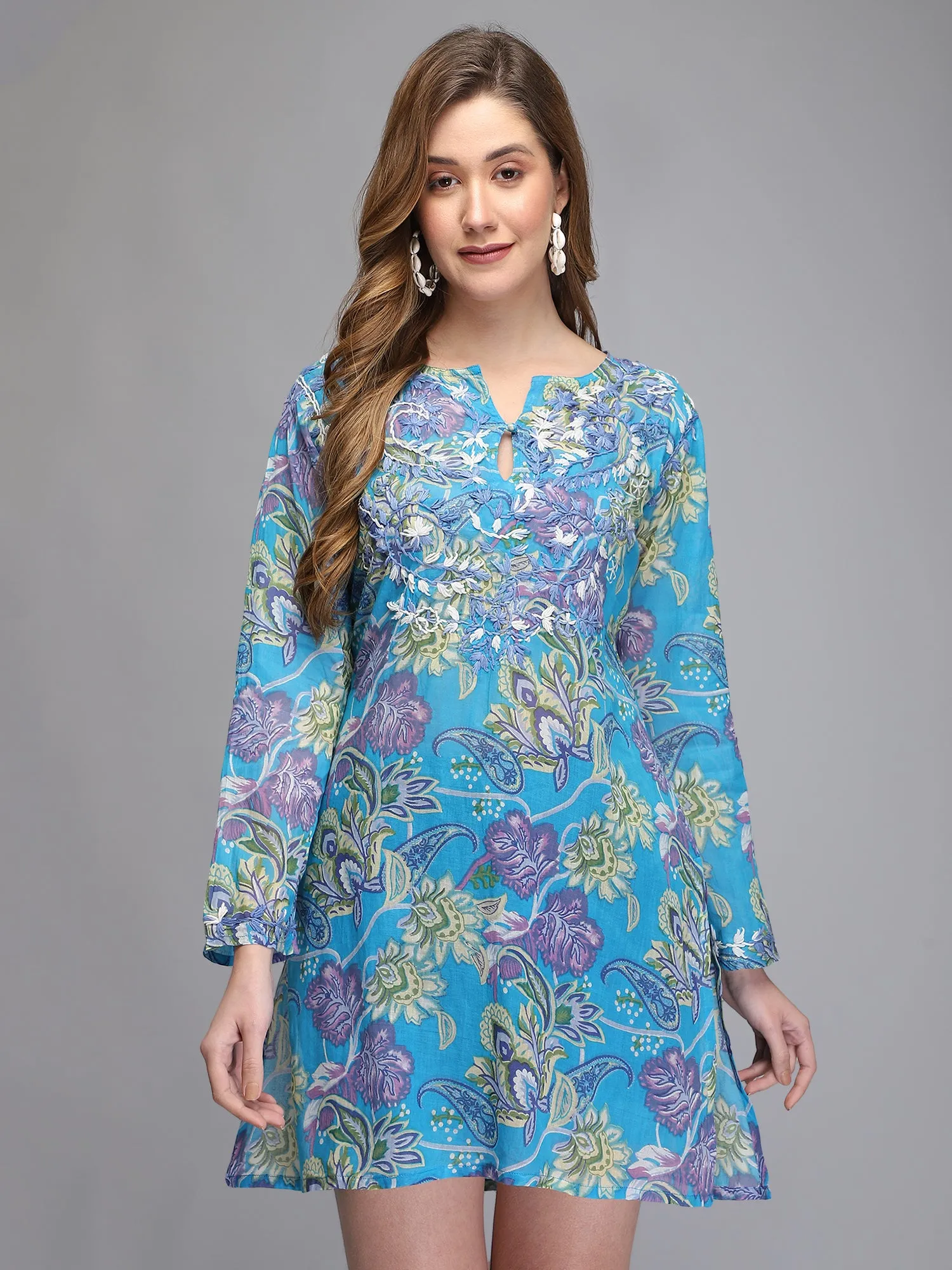 Light blue hand embroidered cotton tunic