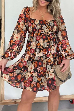 Lilipretty Autumn Leaves Layered Square Neck Long Sleeved Mini Dress