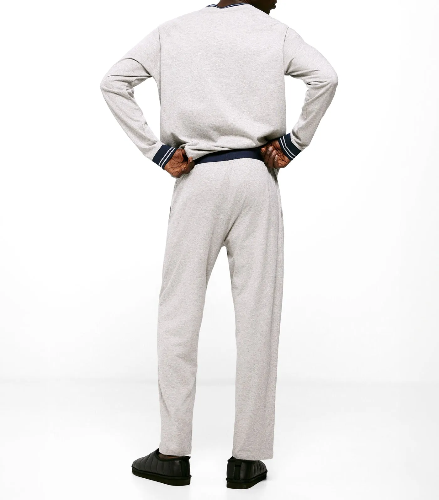 Long Plain Gray Melange Cotton Knit Pajamas Gray