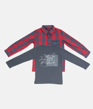 Long Sleeved Red Checked Boys Shirt with T Shirt