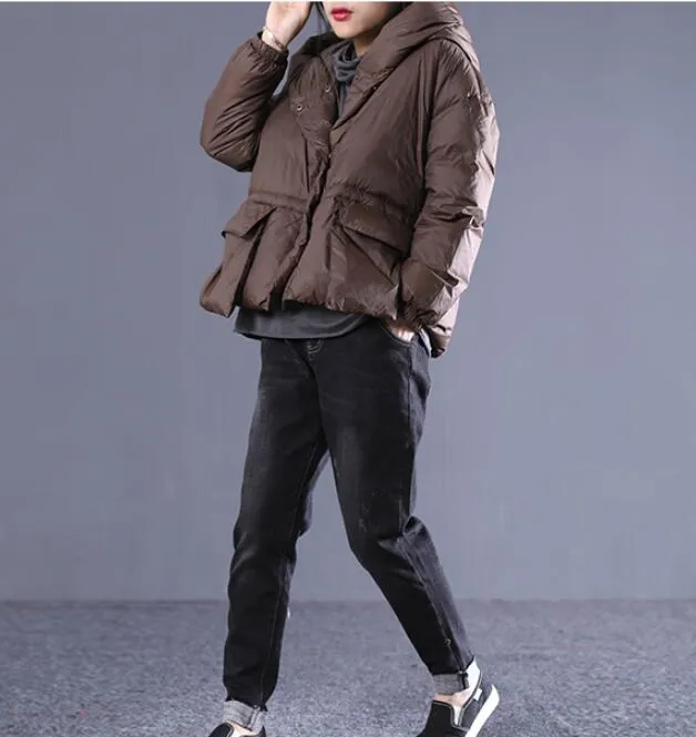 Loose large size pockets Hooded Short Down Jacket