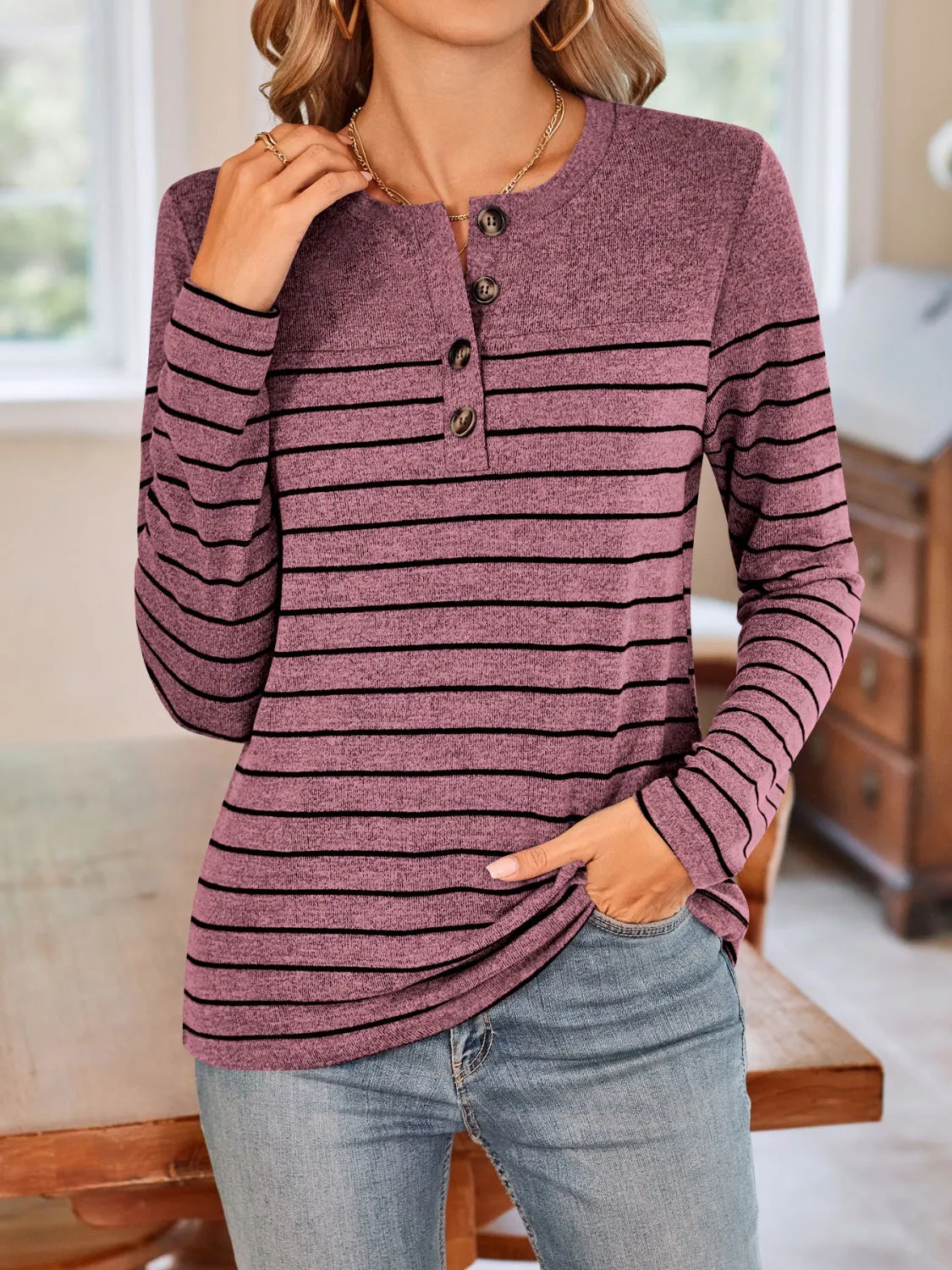 Lovelet Quarter Button Striped Round Neck Long Sleeve T-Shirt