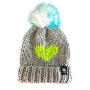 Luxury Big Heart Pom-Pom Beanie in Silver   Neon Green