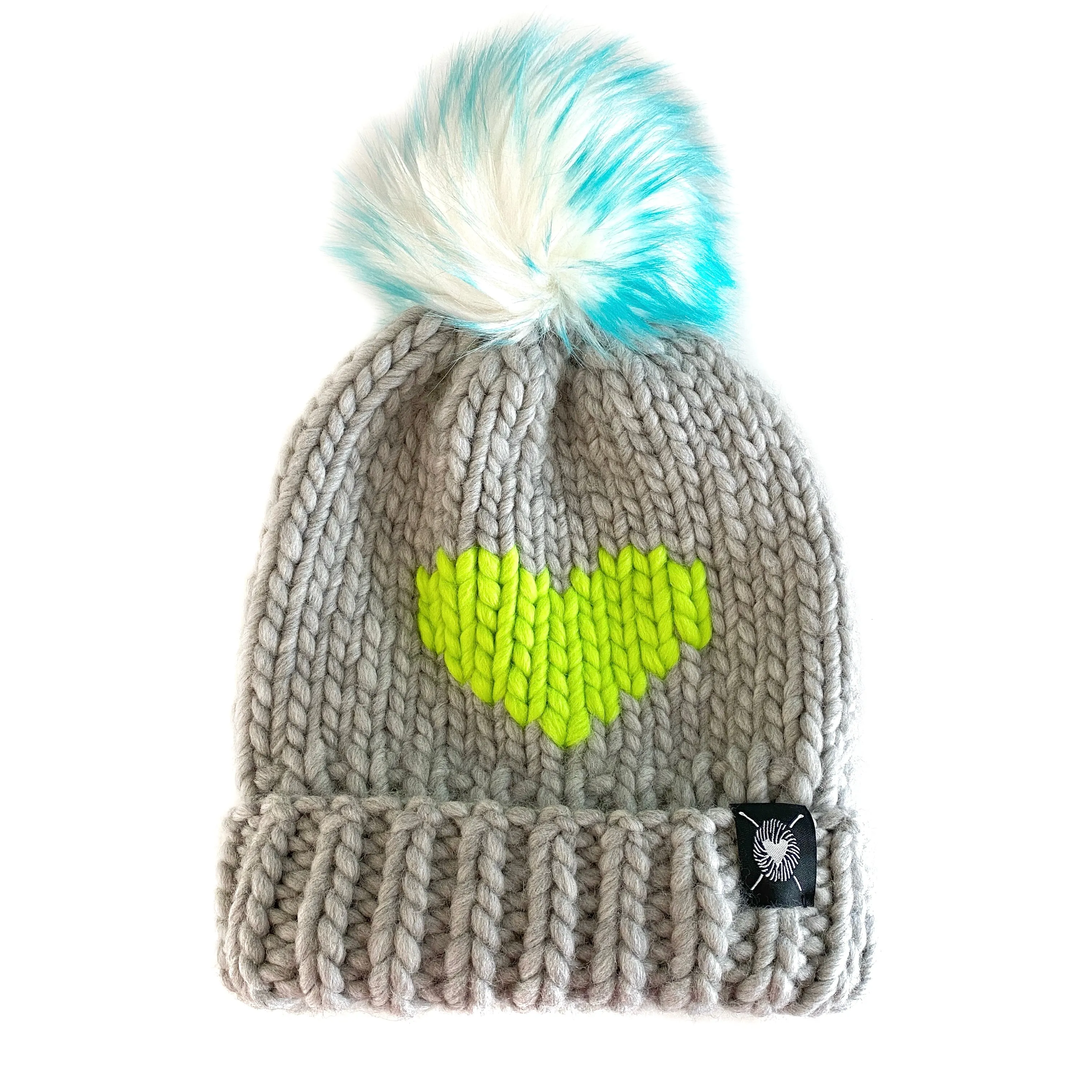 Luxury Big Heart Pom-Pom Beanie in Silver   Neon Green