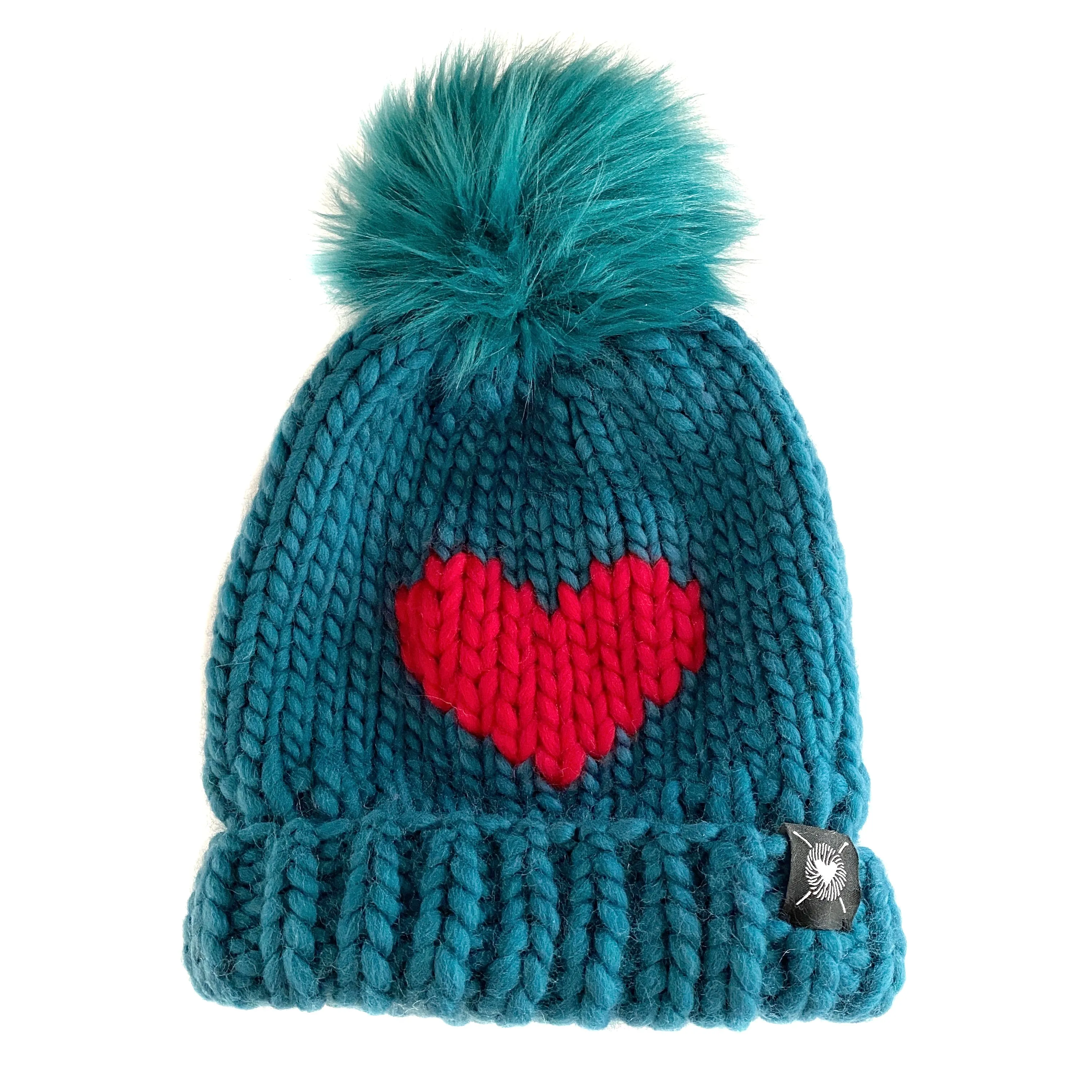 Luxury Big Heart Pom-Pom Beanie in Teal   Red