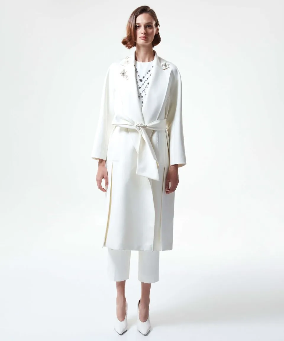 Machka Embellished Collar Long Solid Trench Coat Off White