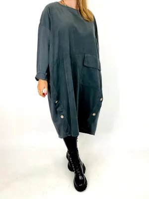 Made in Italy Lagenlook Matsu Button Cord Tunic in Charcoal. code 91805